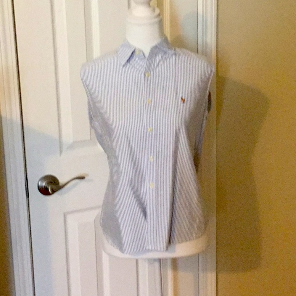 Women’s sleeveless blue pin strip blouse.
